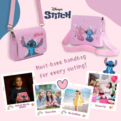 Pink Disney Stitch and Angel girls' shoulder handbag with adjustable strap, featuring Lilo & Stitch characters, perfect for kids and teens.
