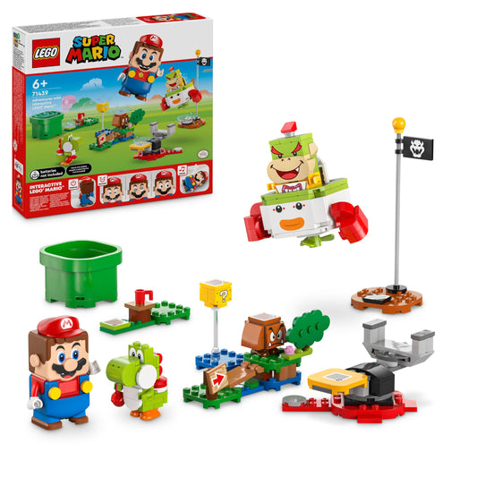 LEGO Super Mario Adventures set with interactive Mario, Bowser Jr. Clown Car, Yoshi toy, for kids ages 6 and up.