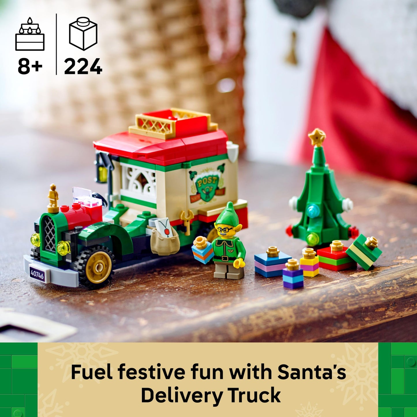 LEGO Santa's Delivery Truck toy with Christmas tree, presents, and decorations for creative play and display.