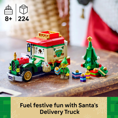 LEGO Santa's Delivery Truck toy with Christmas tree, presents, and decorations for creative play and display.