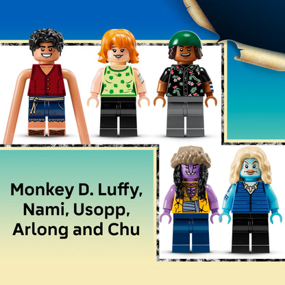LEGO ONE PIECE Battle at Arlong Park set with Luffy, Nami minifigures and collapsing pagoda for interactive play.