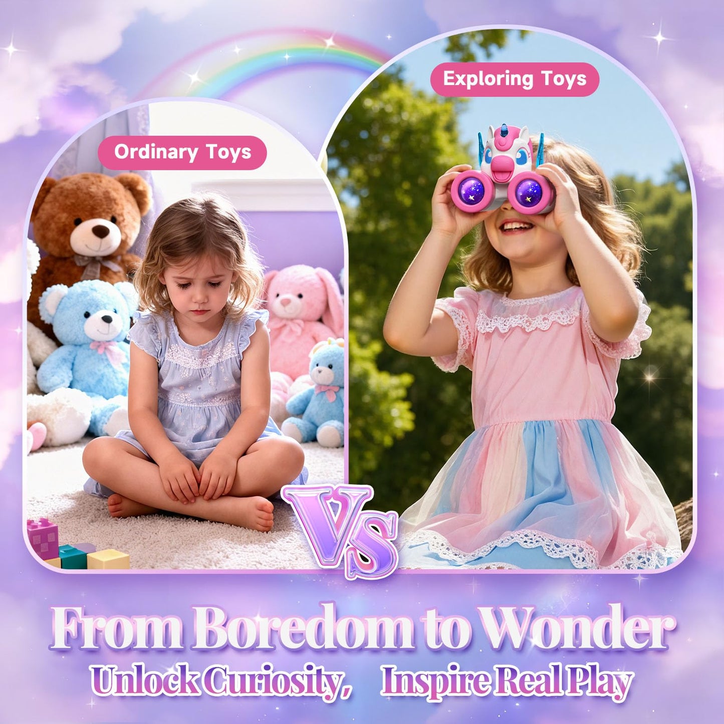 Kidluna kids binoculars with bird watching manual, colorful unicorn design, suitable for outdoor play and bird watching for young girls.