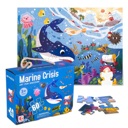 Ocean Puzzle for Kids Ages 3–8 – 60-Piece Montessori Floor Puzzle for Boys & Girls | Educational Jigsaw Toy & Toddler Travel Game | Gifts for 3 4 5 Year Olds | Marine Crisis Sea Life Edition