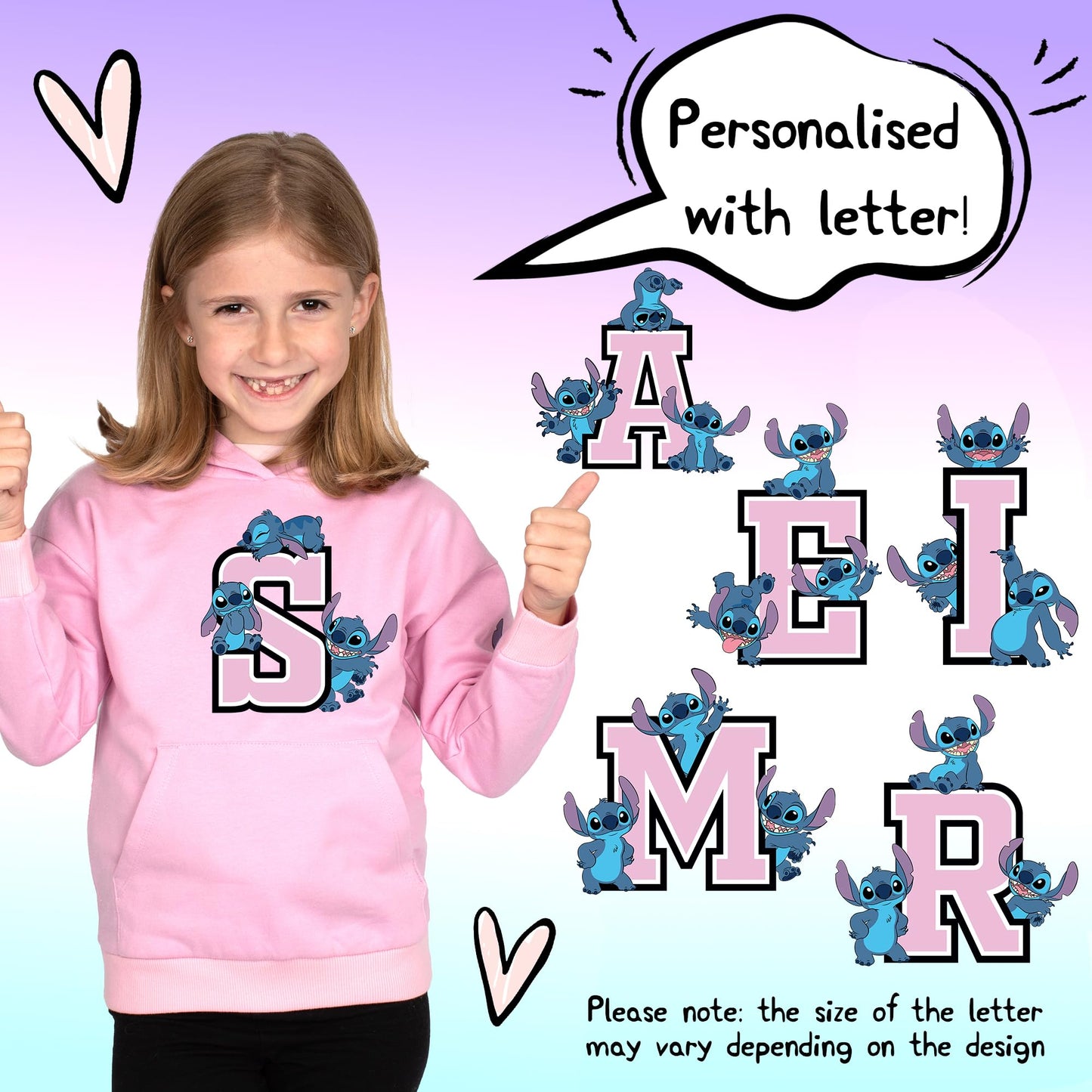 Disney Stitch Personalised Hoodie for Girls Teens Pullover Sweatshirt 100% Cotton Jumper Activewear Age 5-12 Years Gift for Girls Pink