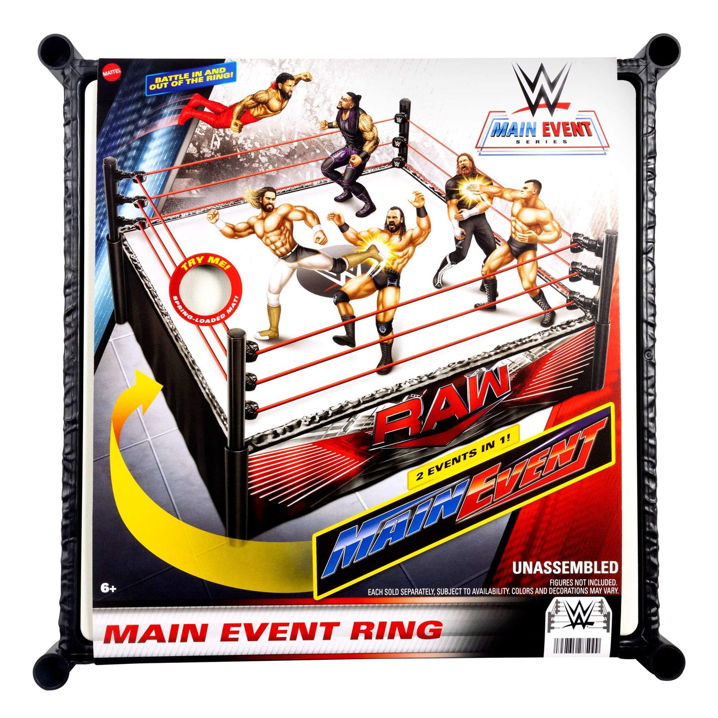 Mattel WWE Superstar Ring with Labels for Main Event & RAW, Spring-Loaded Mat & Pro Tension Elastic Ropes, JDJ20