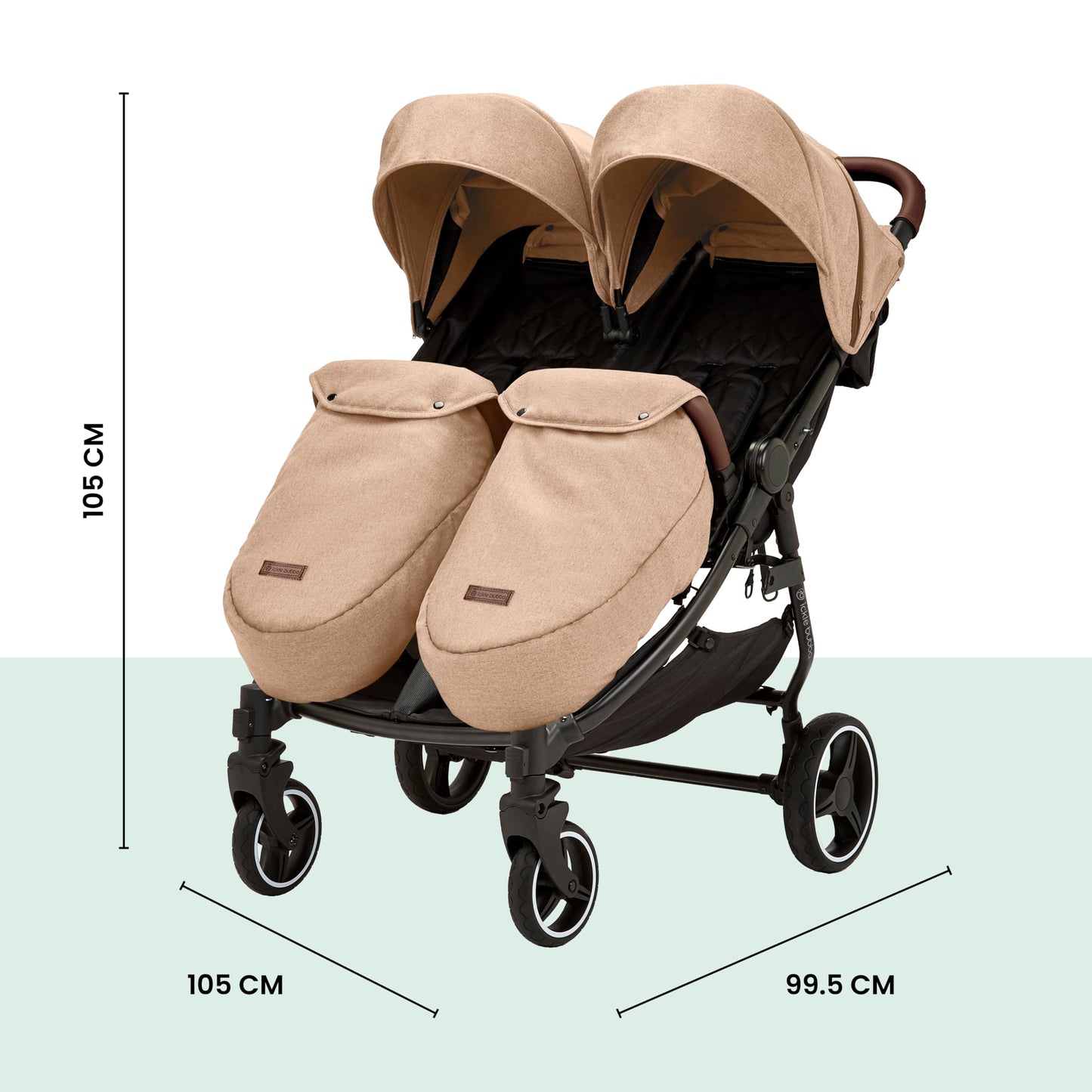 Ickle Bubba Venus Double Prime Stroller – Compact, Lightweight Foldable Twin Pushchair for Twins or Siblings, Suitable from Birth to 15kg (Approx. 3 Years) (Biscuit)