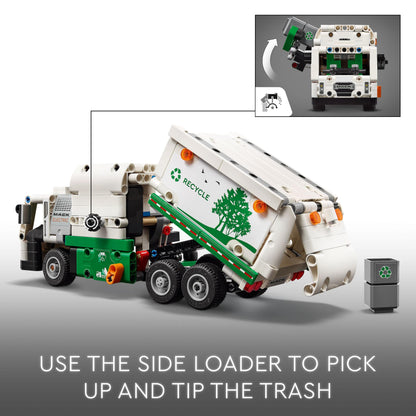 LEGO Technic Mack LR Electric Garbage Truck toy with recycling bin, showcasing realistic features for kids aged 8 and up.