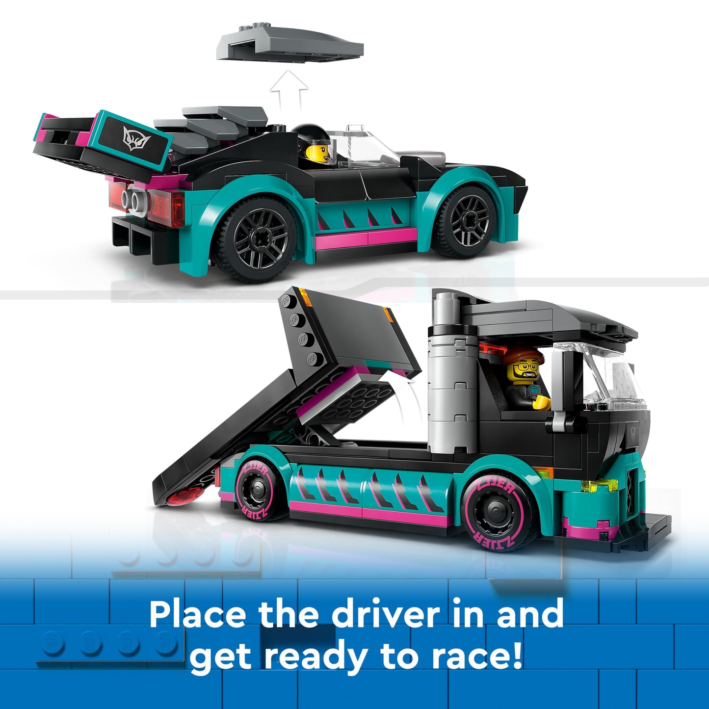 LEGO City race car and car carrier truck building set with adjustable ramp, racer and driver minifigures for kids.