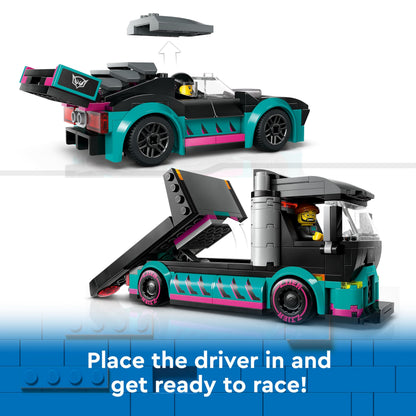 LEGO City race car and car carrier truck building set with adjustable ramp, racer and driver minifigures for kids.