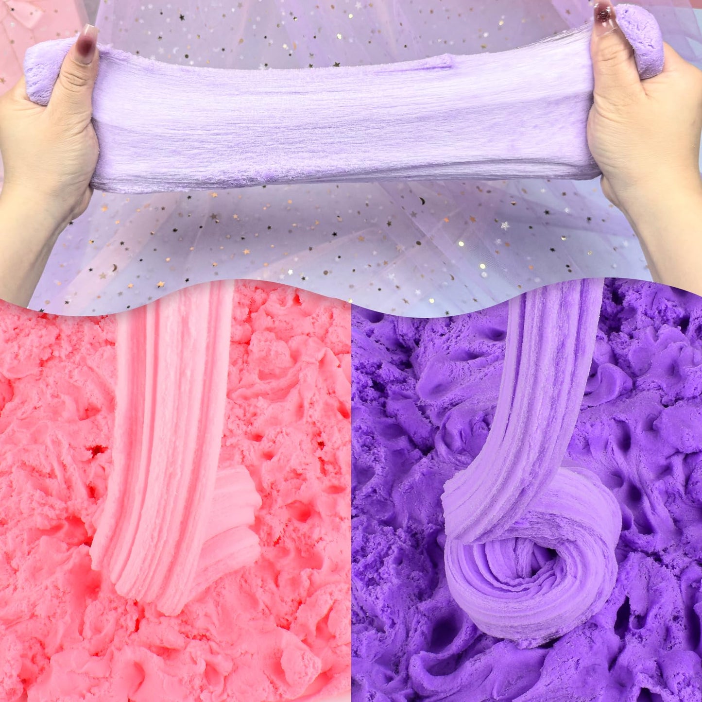 Pink and purple unicorn cloud slime with rainbow charms, soft textured, stretchy sensory toy for kids by Petyuioyu