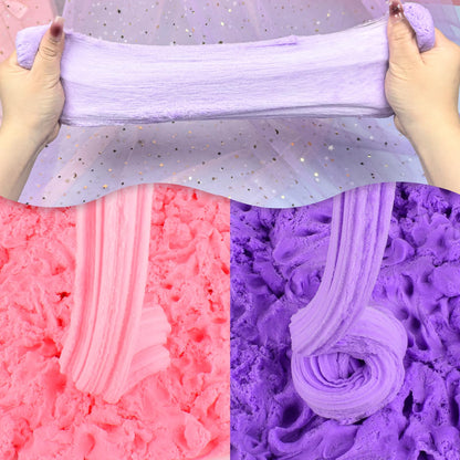Pink and purple unicorn cloud slime with rainbow charms, soft textured, stretchy sensory toy for kids by Petyuioyu