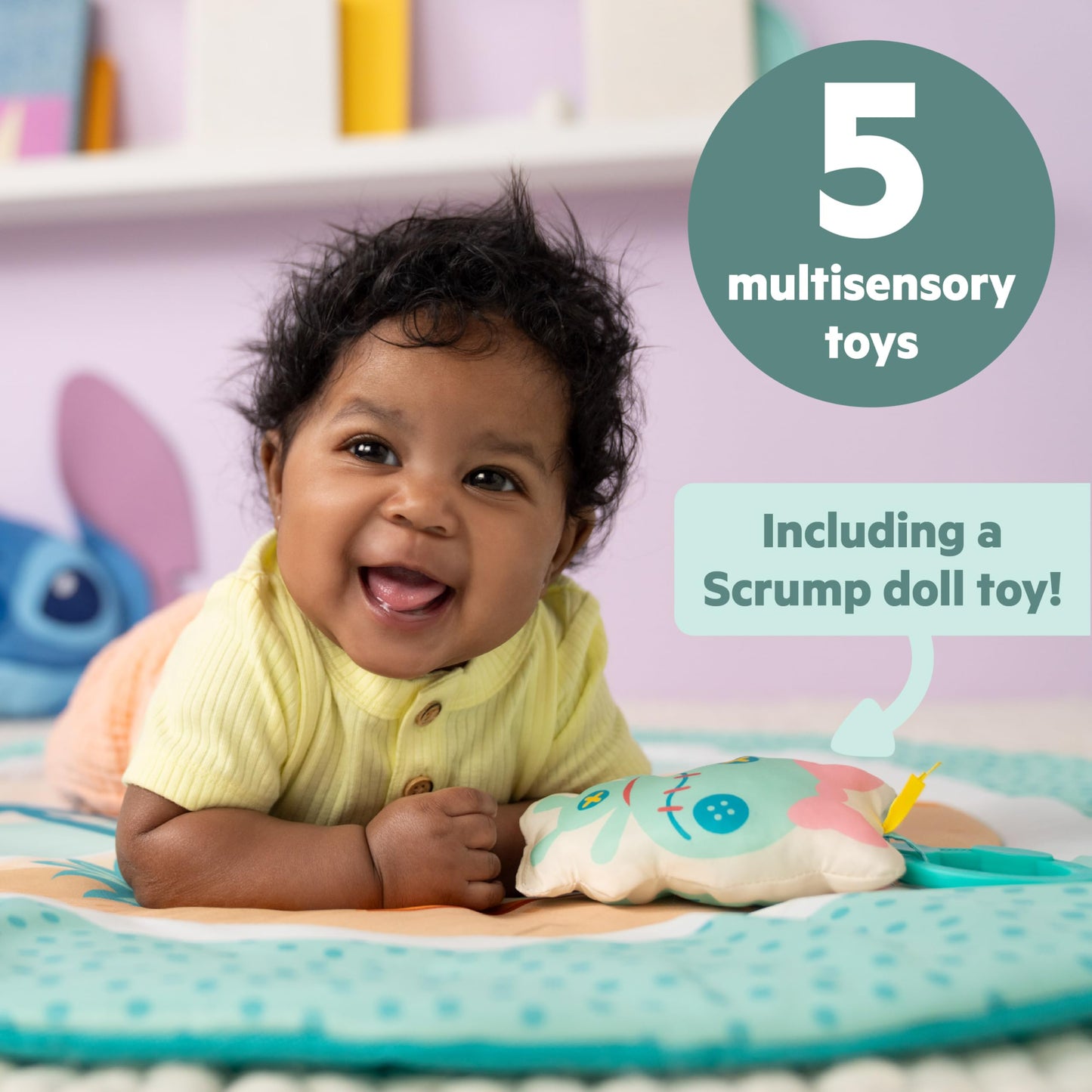 Bright Starts, Disney Baby Stitch Activity Gym, with Tummy Time Pillow, Baby Play Mat with Toy Bar, 5 Take Along Toys, for Newborns and Up