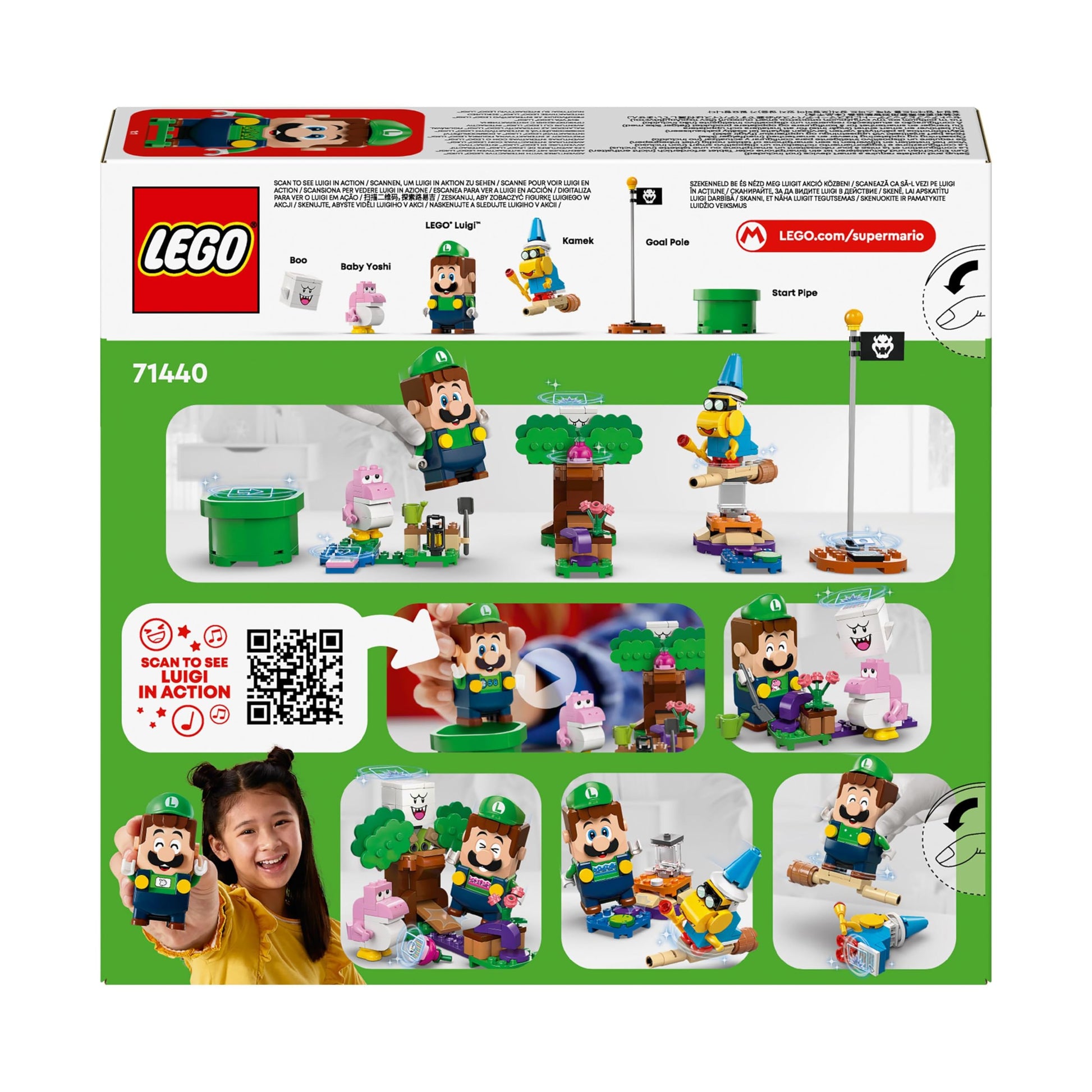 LEGO Super Mario Luigi interactive toy with pink Baby Yoshi figure and garden playset, suitable for kids and gamers aged 6 plus.
