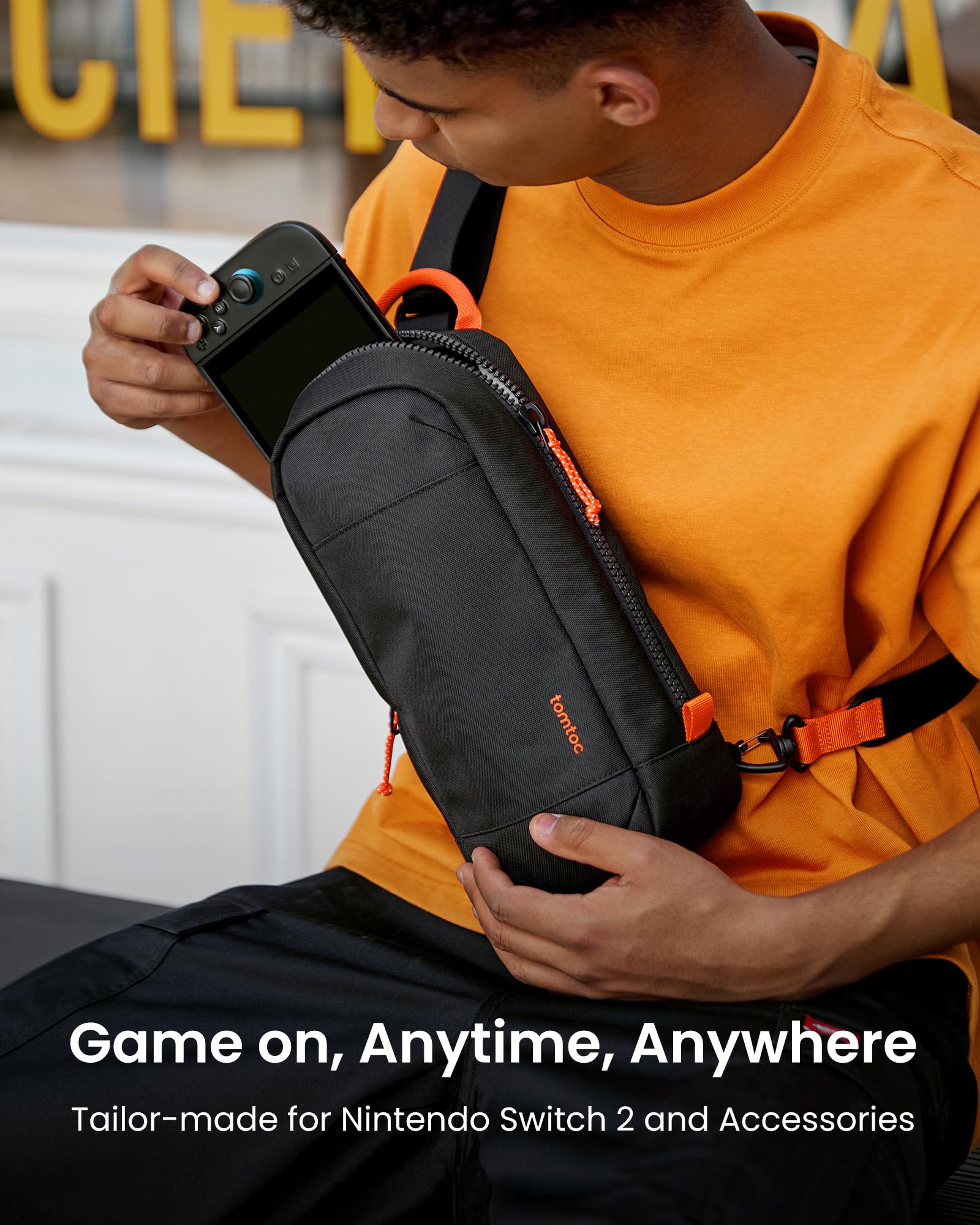 tomtoc Sling Crossbody Bag for Nintendo Switch 2 in black, protective travel case with 8 game cartridge slots and space for accessories