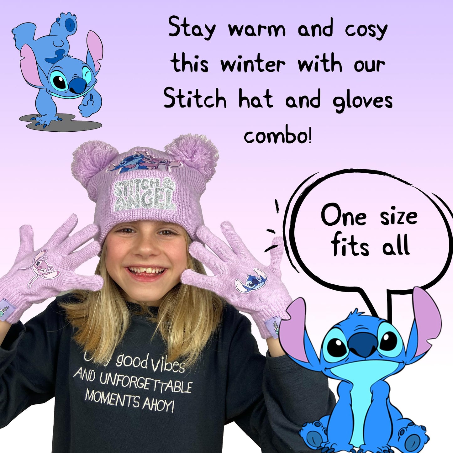 Disney Lilo & Stitch winter hat and gloves set for girls, featuring a cozy beanie and matching gloves for kids ages 6-12.