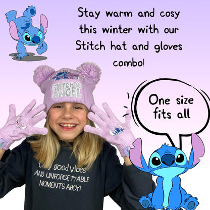 Disney Lilo & Stitch winter hat and gloves set for girls, featuring a cozy beanie and matching gloves for kids ages 6-12.
