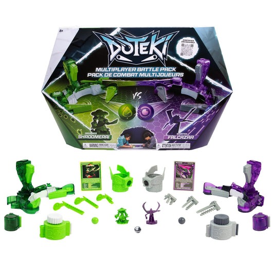 Doteki TOMY multiplayer battle pack with green and blue figures, customizable arena game for ages 8+ featuring organic and Spiritek champions.