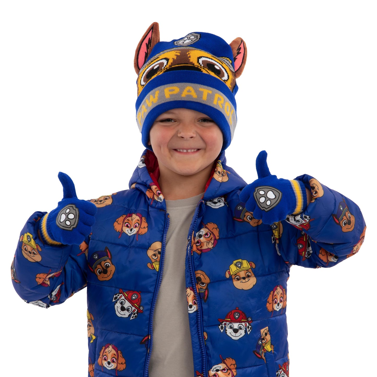 Paw Patrol Hat And Gloves Set For Kids, Chase Boys Hat And Gloves Set With 3D Ears, Blue, One Size