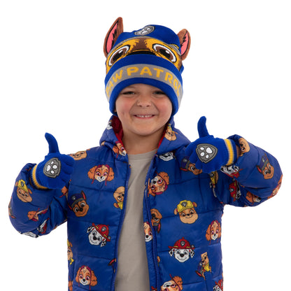 Paw Patrol Hat And Gloves Set For Kids, Chase Boys Hat And Gloves Set With 3D Ears, Blue, One Size