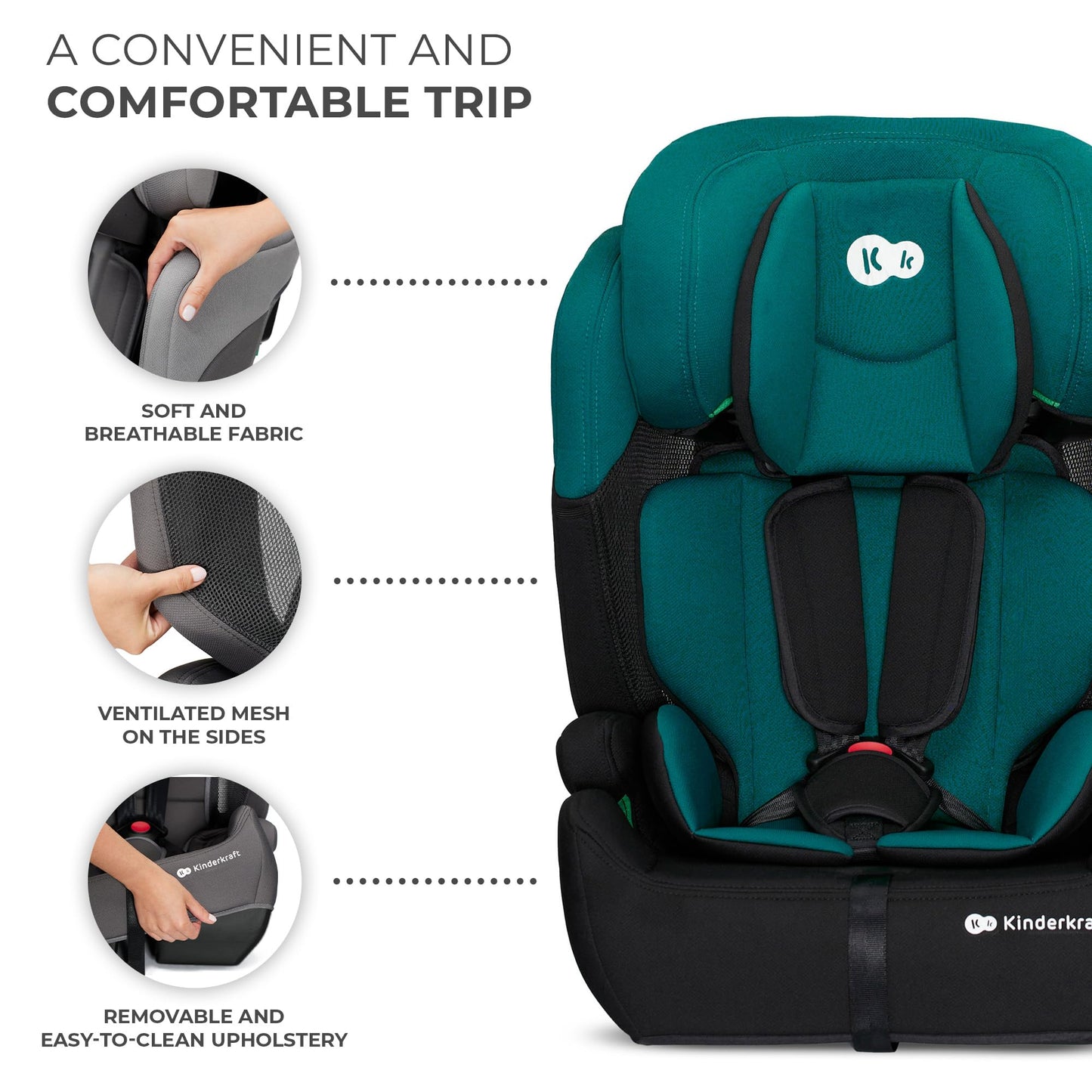 Kinderkraft Car Seat Comfort UP, I-Size Booster Child Seat, with 5 Point Harness, Adjustable Headrest, for Toddlers, Infant, Group 1/2/3, 9-36 Kg, Up to 12 Years, Green