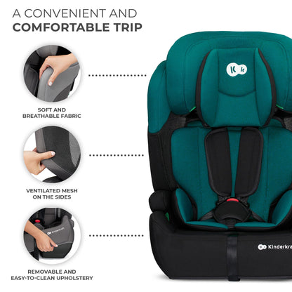 Kinderkraft Car Seat Comfort UP, I-Size Booster Child Seat, with 5 Point Harness, Adjustable Headrest, for Toddlers, Infant, Group 1/2/3, 9-36 Kg, Up to 12 Years, Green
