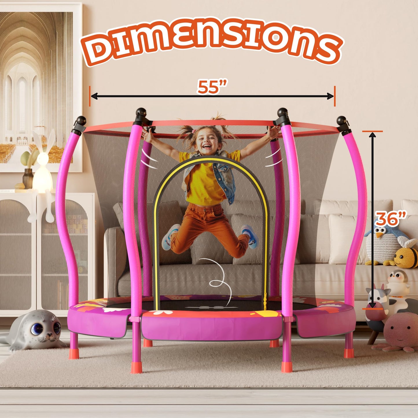 Happin 55” Toddler Trampoline, Indoor & Outdoor, Ages 1-6, 5FT Kids, Ultra Safe Rebounder Mini Trampoline for Kids with Safety Enclosure Net, for Toddler Boys & Girls
