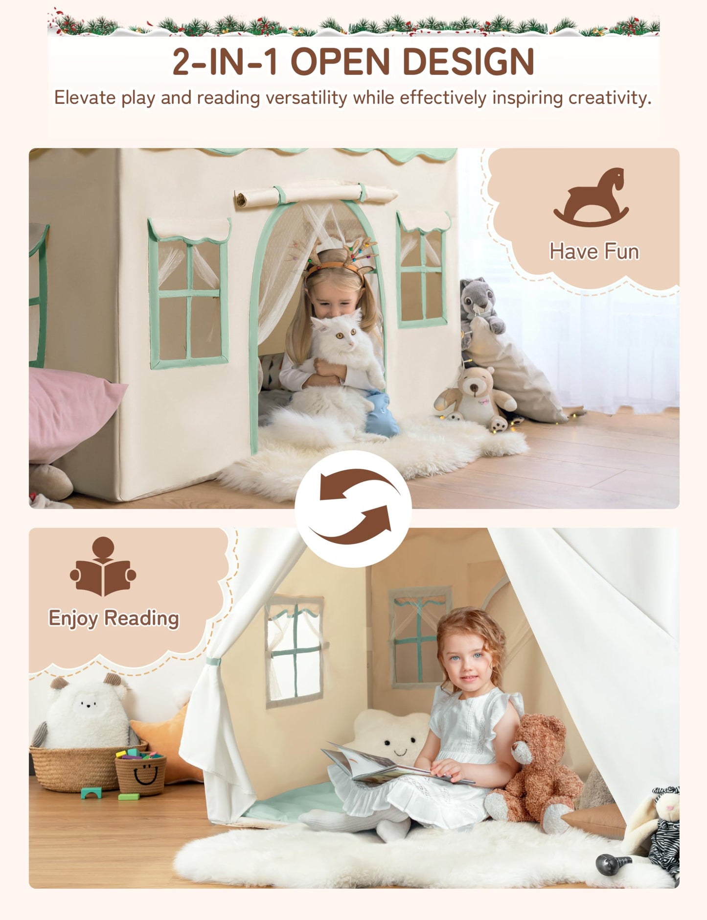 Besrey 2-in-1 kids play house tent with lights and pad, green princess playhouse with two doors for toddlers and children.