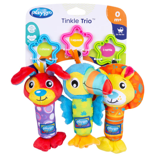 Playgro Tinkle Trio on the Go, With squeaking, rattling and tinkling Noises, From 0 Months, Multicoloured, 40193