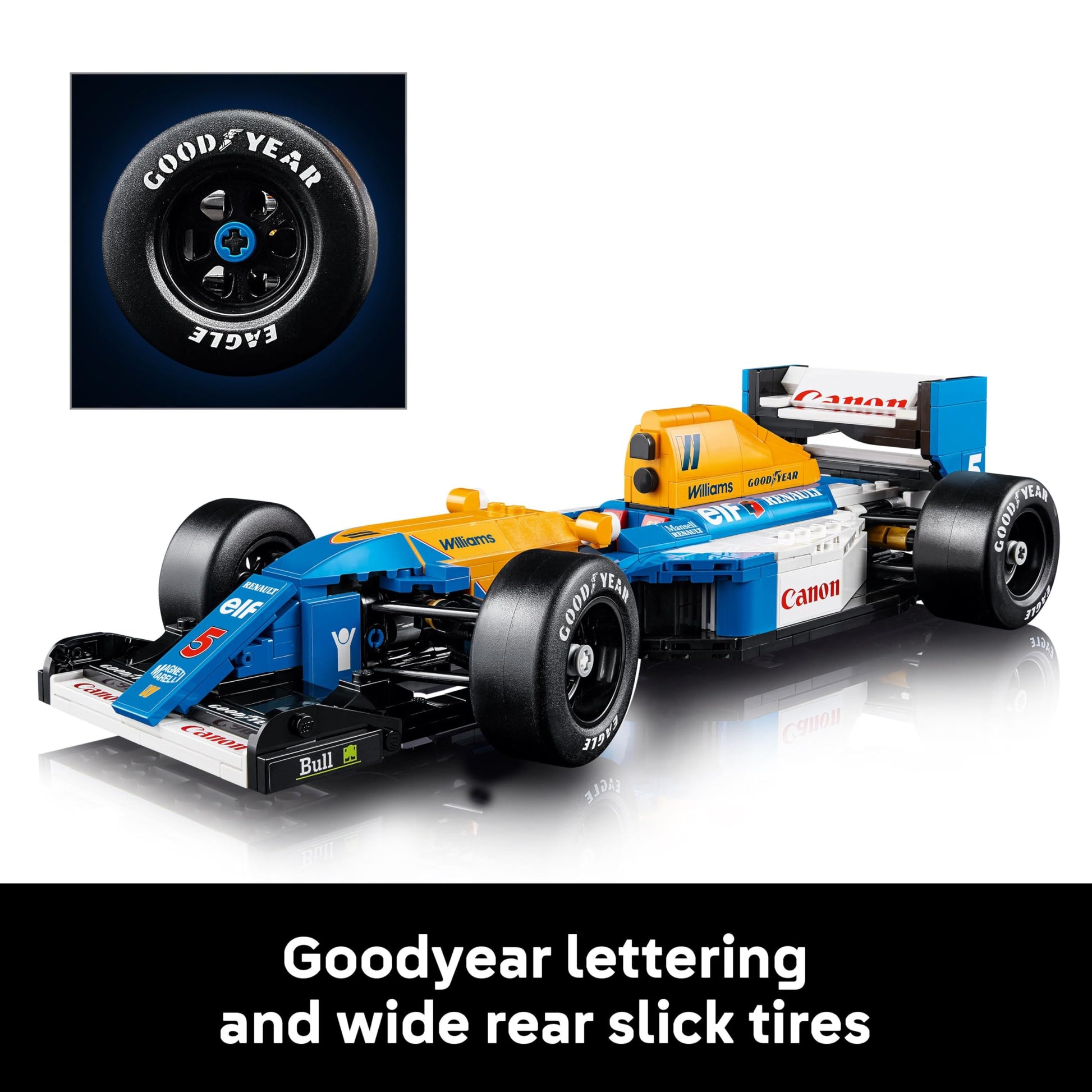 LEGO Icons Williams Racing FW14B model set with Nigel Mansell minifigure, trophy, and display stand for motorsports fans.