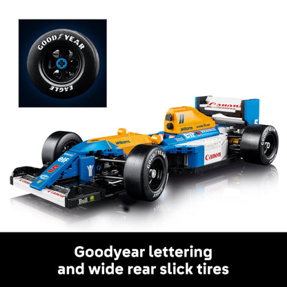 LEGO Icons Williams Racing FW14B model set with Nigel Mansell minifigure, trophy, and display stand for motorsports fans.
