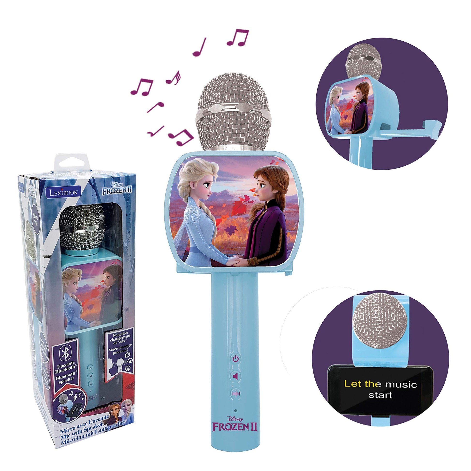 Blue LEXIBOOK Frozen Bluetooth microphone with voice changer, built-in speaker, phone holder, and colorful Frozen design.