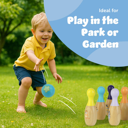 Bluey - Wooden Skittles Set - Indoor & Outdoor Bowling Game for Kids - 6 Character Pins & 1 Ball - Develops Motor Skills & Hand-Eye Coordination - FSC Certified, Ages 3+ (Classic)