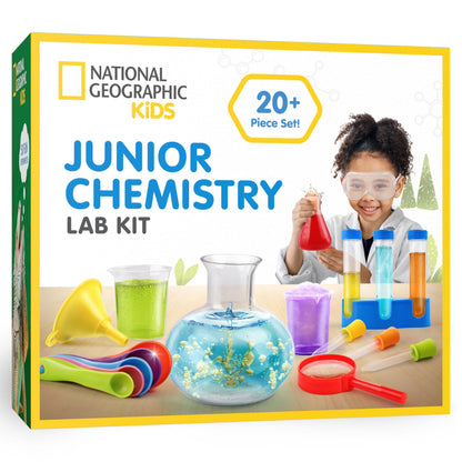 Blue Marble National Geographic Kids Junior Chemistry Set with 50 science experiments and 20+ lab tools for early learning in chemistry.