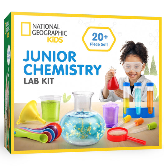 Blue Marble National Geographic Kids Junior Chemistry Set with 50 science experiments and 20+ lab tools for early learning in chemistry.