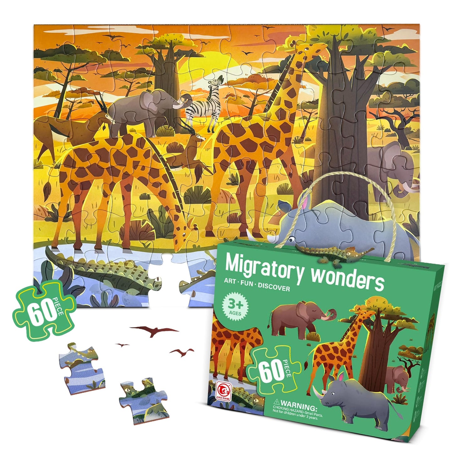 Safari Puzzle for Kids Ages 3–8 – 60-Piece Montessori Floor Puzzle for Boys & Girls | Travel Toy, Toddler Learning Game & Gift for 3 4 5 Year Olds | Migratory Wonders Jigsaw