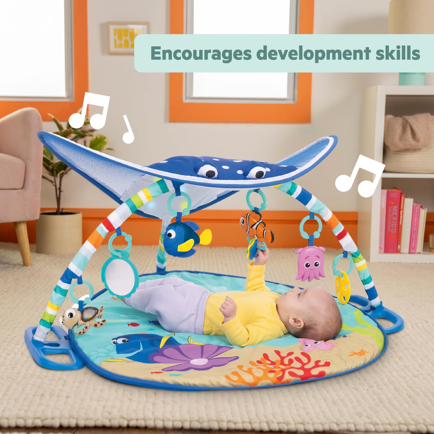 Bright Starts, Disney Baby, Finding Nemo Ocean Lights Baby Activity Gym and Play Mat with Detachable Toys, Sound and Music, Ages Newborn +