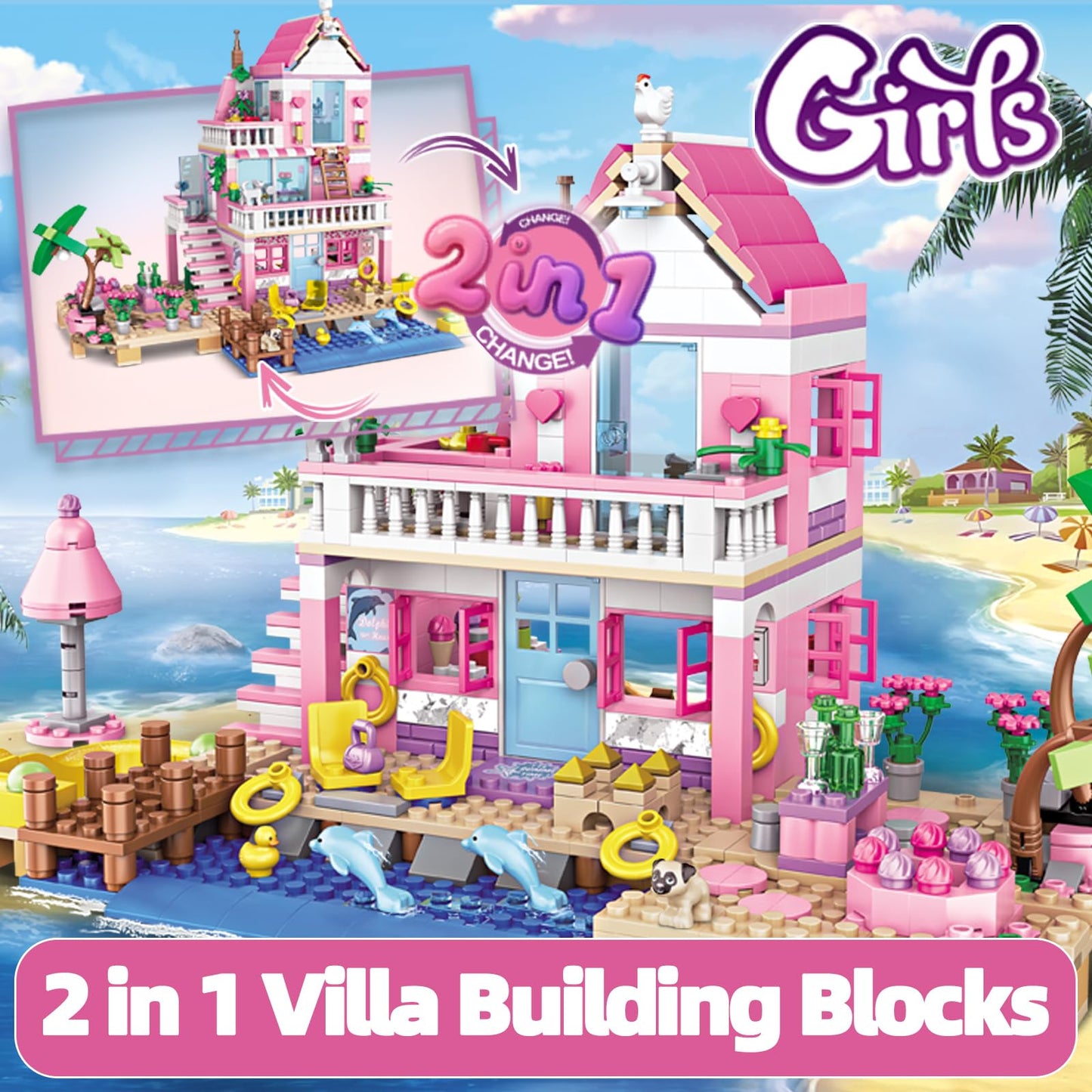CSNRHG Pink Seaside Beach Villa Friends Building Set Friends Construction Educational Toy 822 Pieces Gifts for Girls Teens Kids Adults Ages 6+