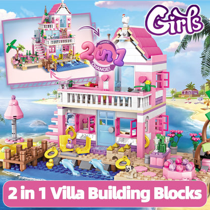 CSNRHG Pink Seaside Beach Villa Friends Building Set Friends Construction Educational Toy 822 Pieces Gifts for Girls Teens Kids Adults Ages 6+
