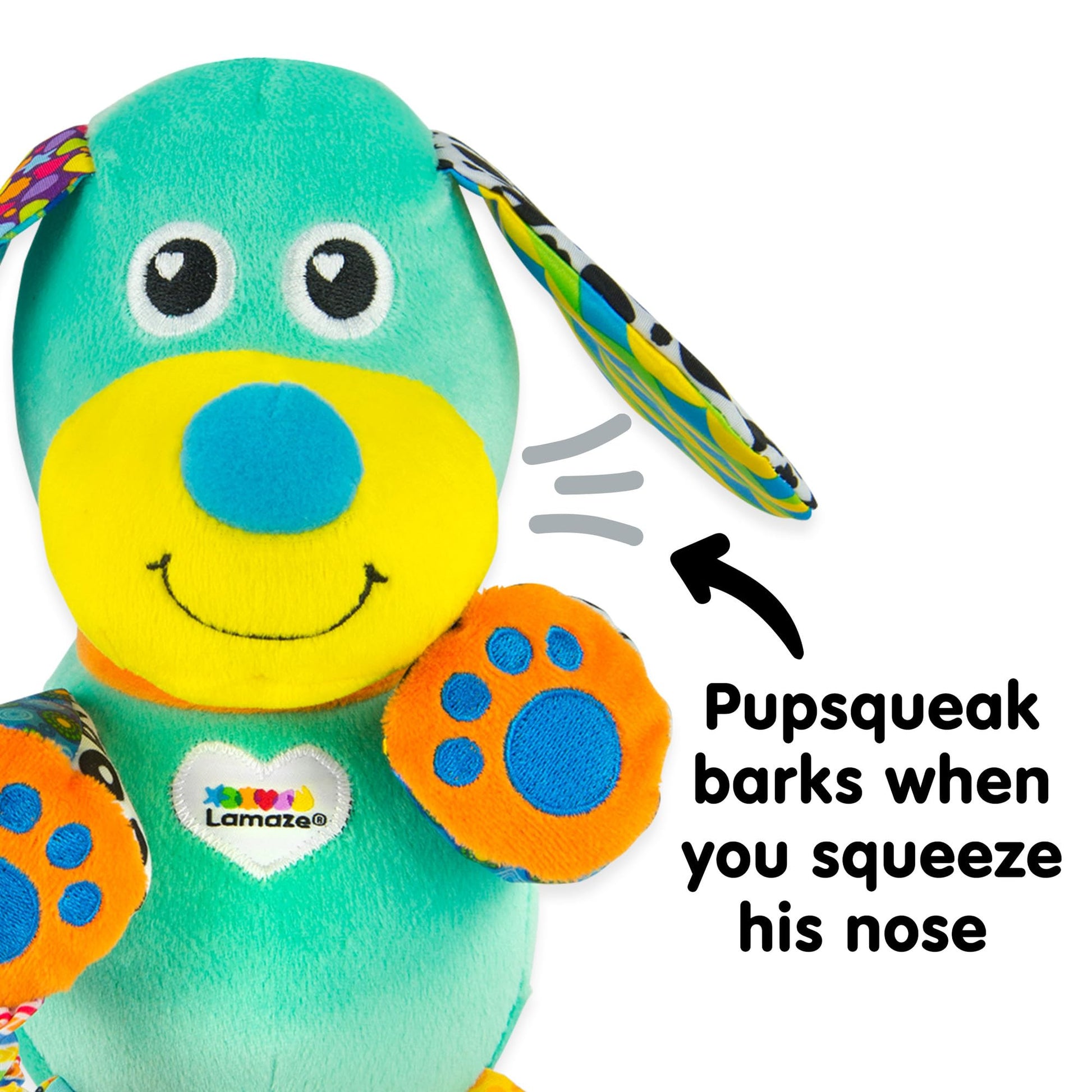 LAMAZE Pupsqueak clip-on plush baby toy with squeaker, soft sensory toy for newborns and infants, designed for development and soothing.