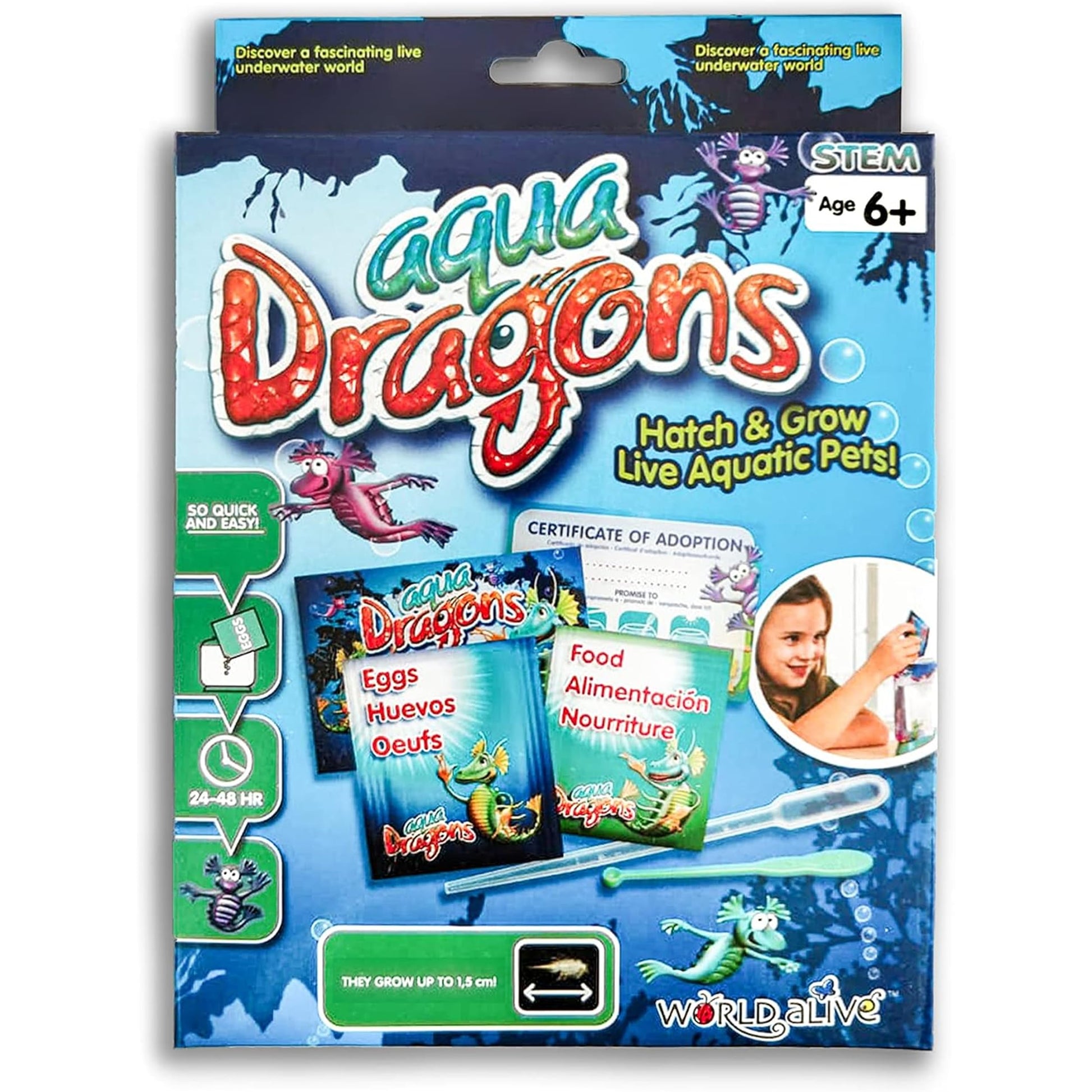 Aqua Dragons starter kit with aquatic creatures and supplies, showing the transparent tank and aquatic environment setup.