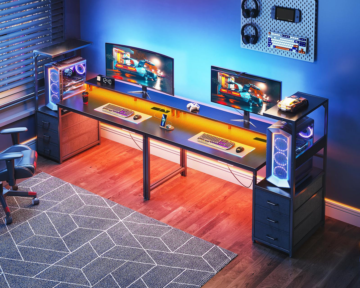 Coleshome gaming desk with LED lights, power outlet, drawers, monitor stand, and carbon fiber black finish.