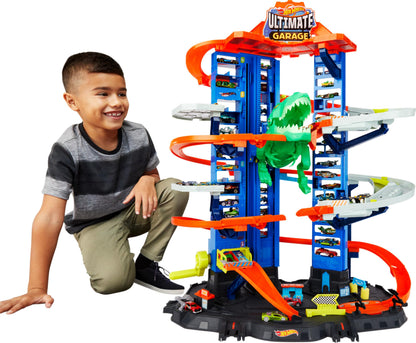 Hot Wheels City Ultimate Garage Playset with multi-level racetrack and moving T-Rex, accommodating 100 toy cars.