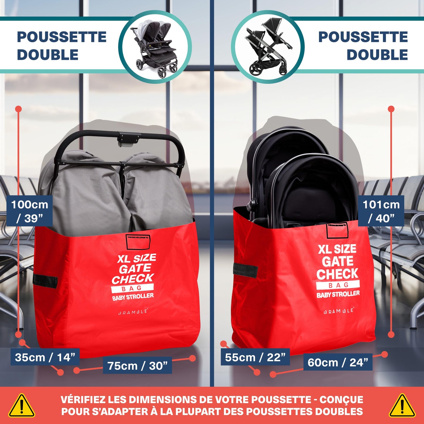 Bramble - XL Stroller Bag for Airplane - Extra Large Pram Bag for Airplane Travel - Water Resistant Double Pushchair Buggy Cover for Gate Check (Red)