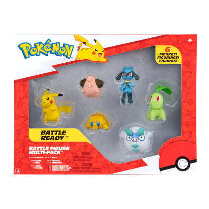 Six Pokémon battle figures including 2-inch Pikachu, Joltik, Galarian Darumaka, Riolu, Chikorita, and Cleffa.
