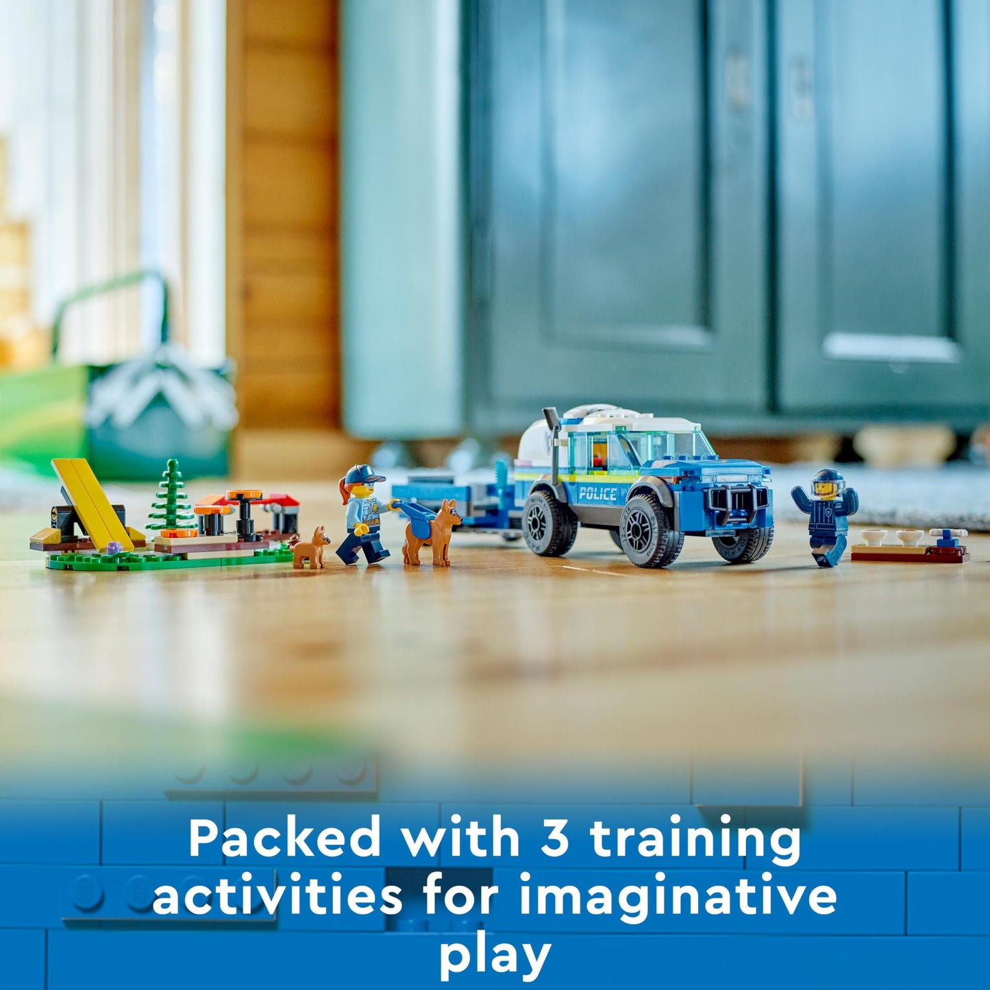 LEGO 60369 City Mobile Police Dog Training Set featuring SUV, trailer, obstacle course, and puppy figures for kids.