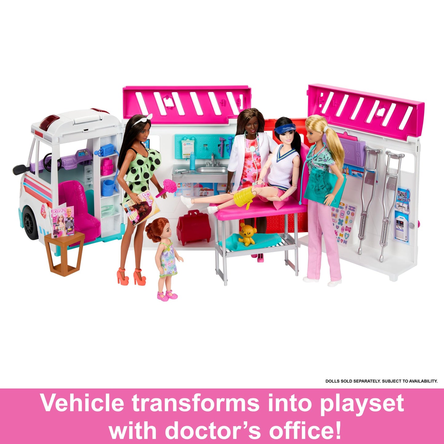 Barbie Ambulance and Hospital Playset, Emergency Vehicle with Lights and Sounds Transforms into Care Clinic, 20 Doll Accessories, Toys for Ages 3 and Up, One Barbie Vehicle, HKT79