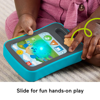 Fisher-Price Laugh & Learn Puppy’s Storytime Reader toy with colorful buttons, lights, and music for babies 6+ months.