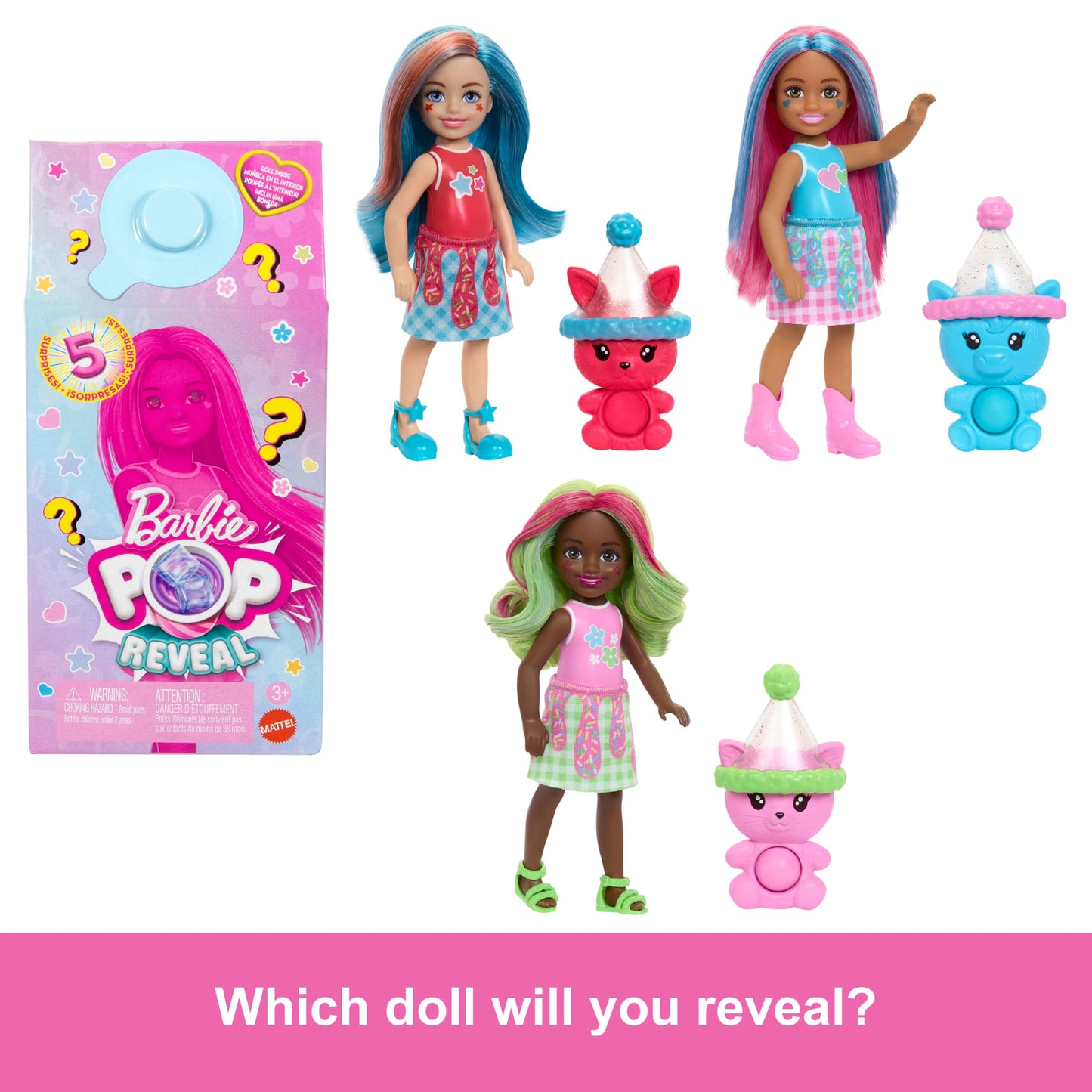 Barbie Chelsea Pop Reveal Doll Set, Shakes Series with 5 Surprises Including Scented Small Doll, Pop-It Pet & Color Change (Styles May Vary), JCN89