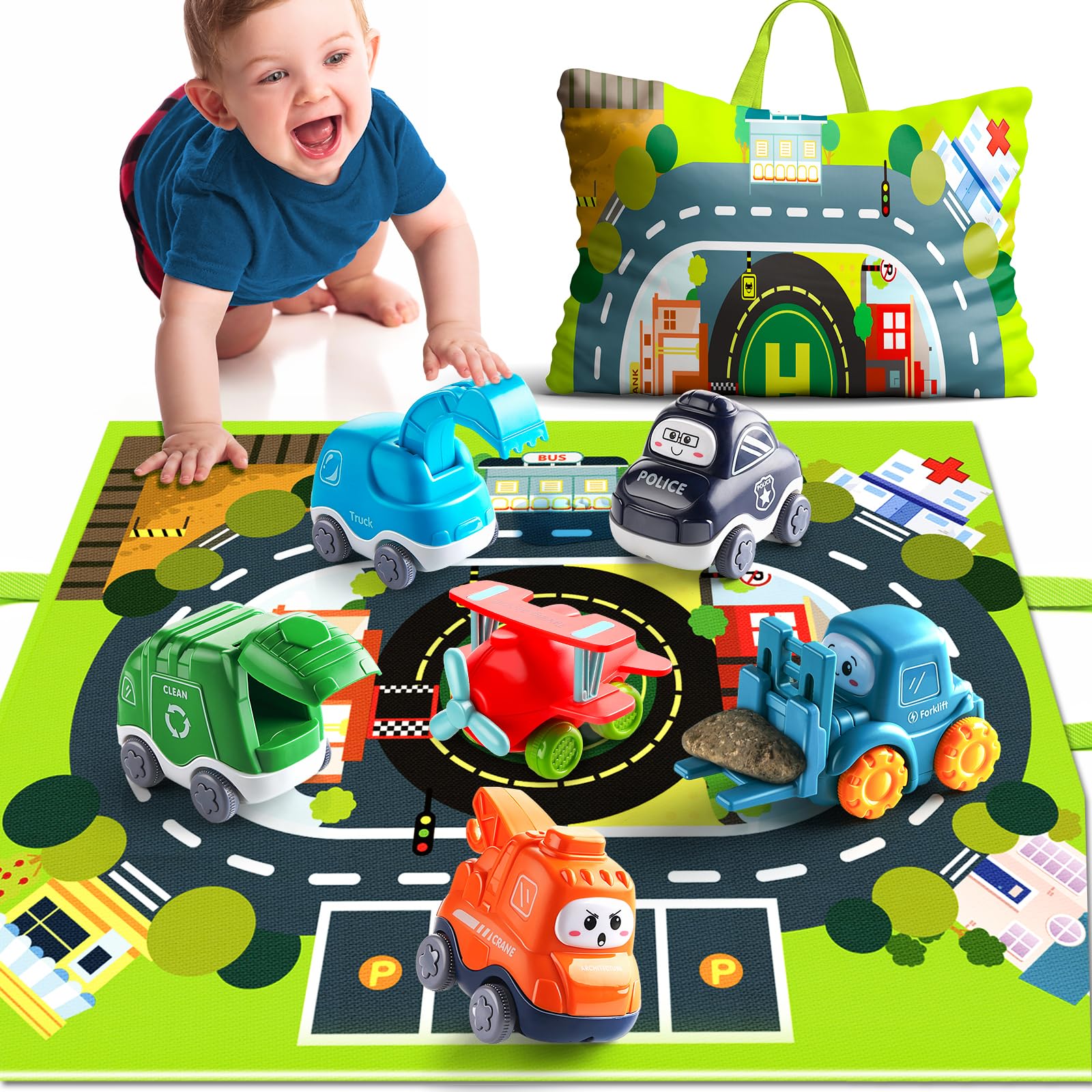 Lerrbo 6-pack cartoon truck and tractor car toys with cranes, on playmat with storage bag, for 1-year-old boys and toddlers