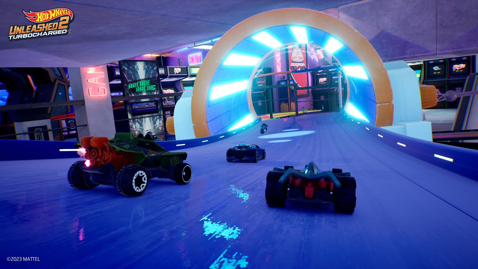 Hot Wheels Unleashed 2 Turbocharged Nintendo Switch game cartridge with colorful Hot Wheels cars and racing scene.